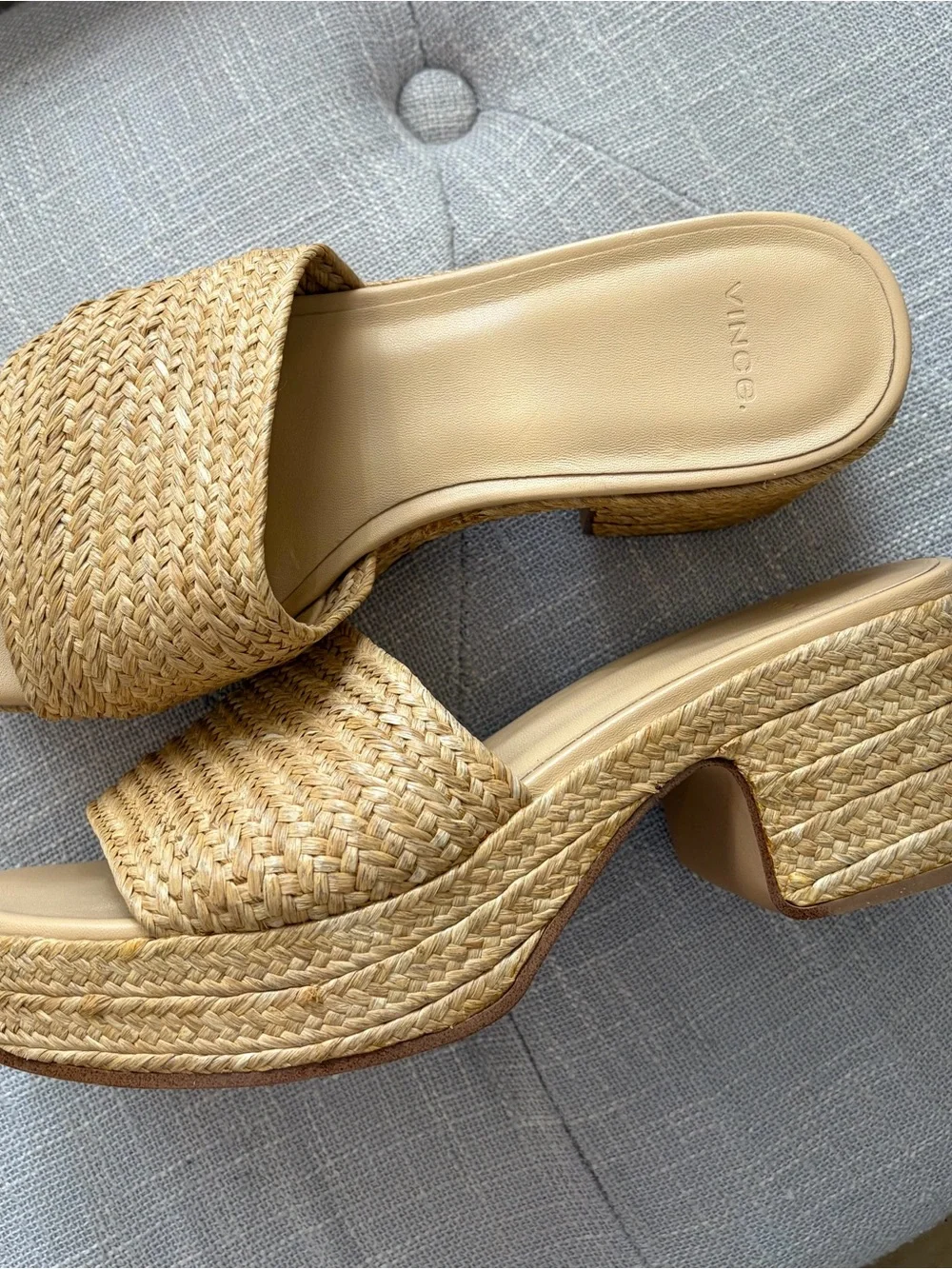 Vince Tan Woven Straw Platform Slide Sandals